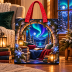Aurora Reading Nook Quilted Tote Bag with printed optical 3D artwork in its use setting