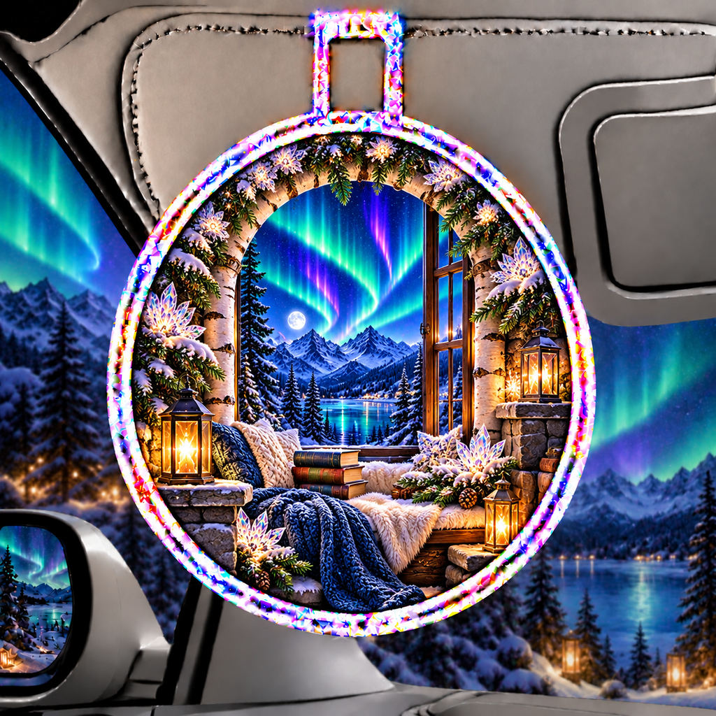 Aurora Reading Nook Holographic Car Visor Clip with printed optical 3D artwork in its use setting