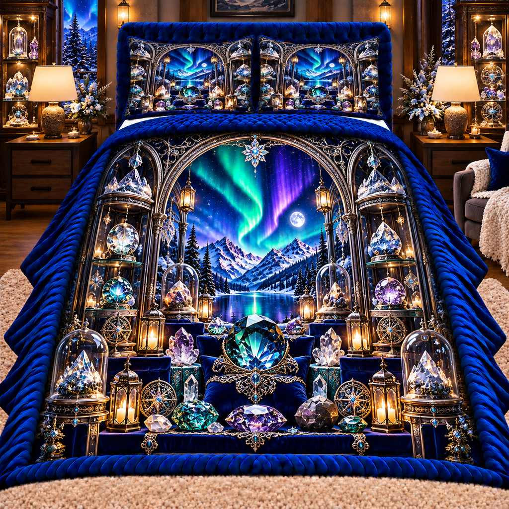 Aurora Curio Vault Quilted Bedding Set with printed optical 3D artwork in its use setting