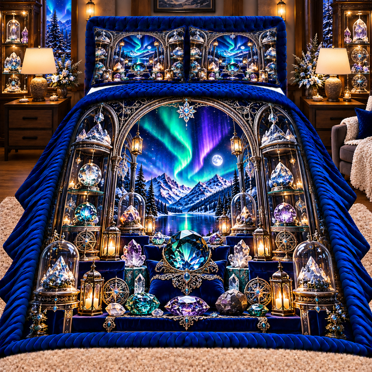 Aurora Curio Vault Quilted Bedding Set with printed optical 3D artwork in its use setting