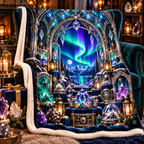 Aurora Curio Vault Sherpa & Fleece Blanket with printed optical 3D artwork in its use setting