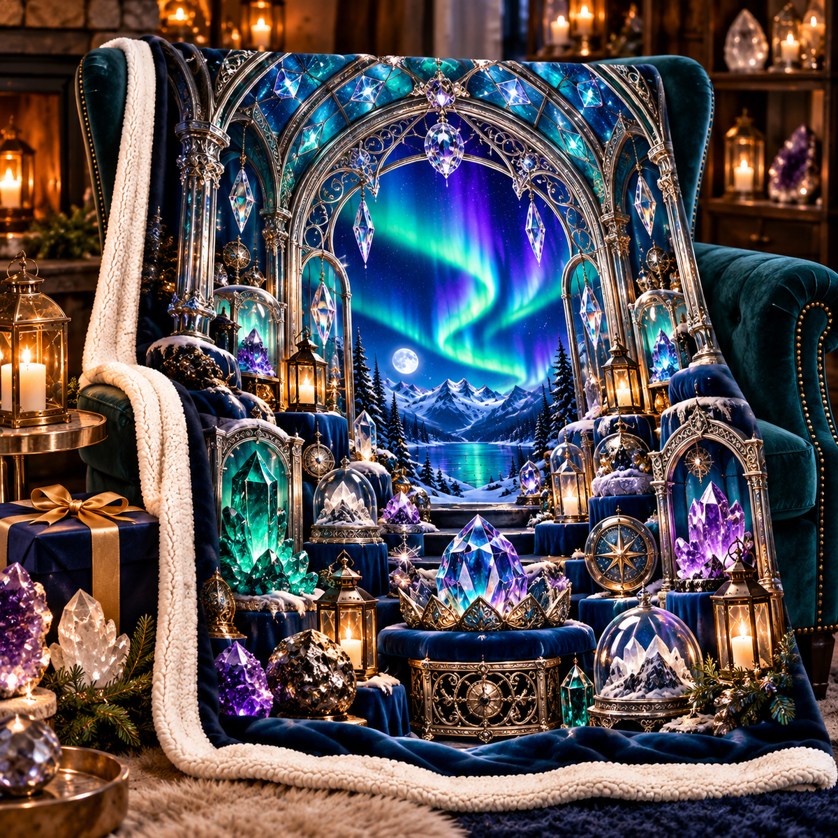 Aurora Curio Vault Sherpa & Fleece Blanket with printed optical 3D artwork in its use setting