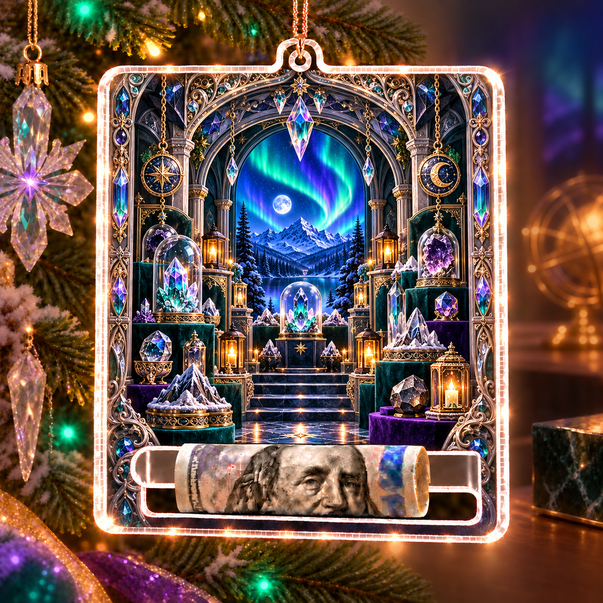 Aurora Curio Vault Acrylic Cash Holder Ornament with printed optical 3D artwork in its use setting
