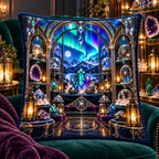 Aurora Curio Vault Quilted Cushion Cover with printed optical 3D artwork in its use setting