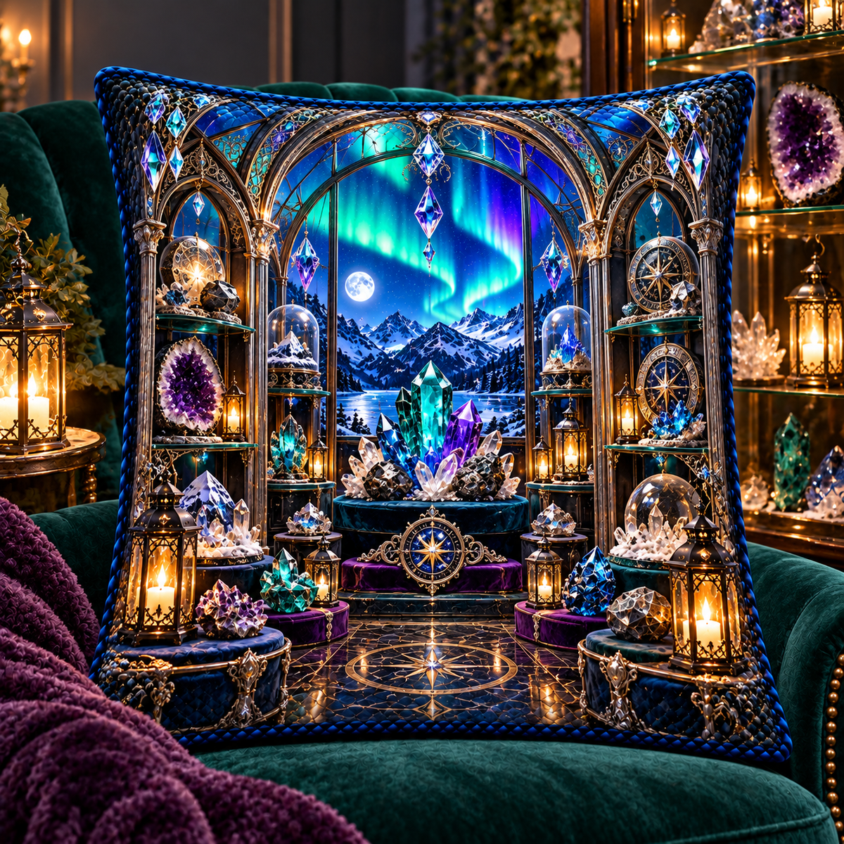 Aurora Curio Vault Quilted Cushion Cover with printed optical 3D artwork in its use setting