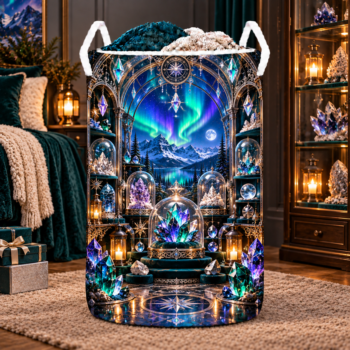 Aurora Curio Vault Laundry Hamper with printed optical 3D artwork in its use setting