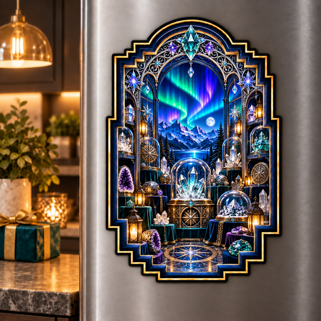 Aurora Curio Vault Acrylic Refrigerator Magnet with printed optical 3D artwork in its use setting