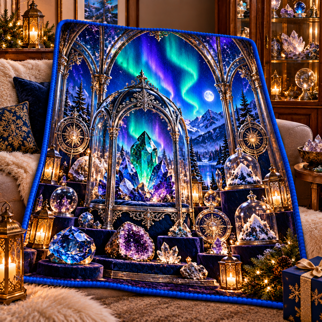 Aurora Curio Vault Quilt Blanket with printed optical 3D artwork in its use setting