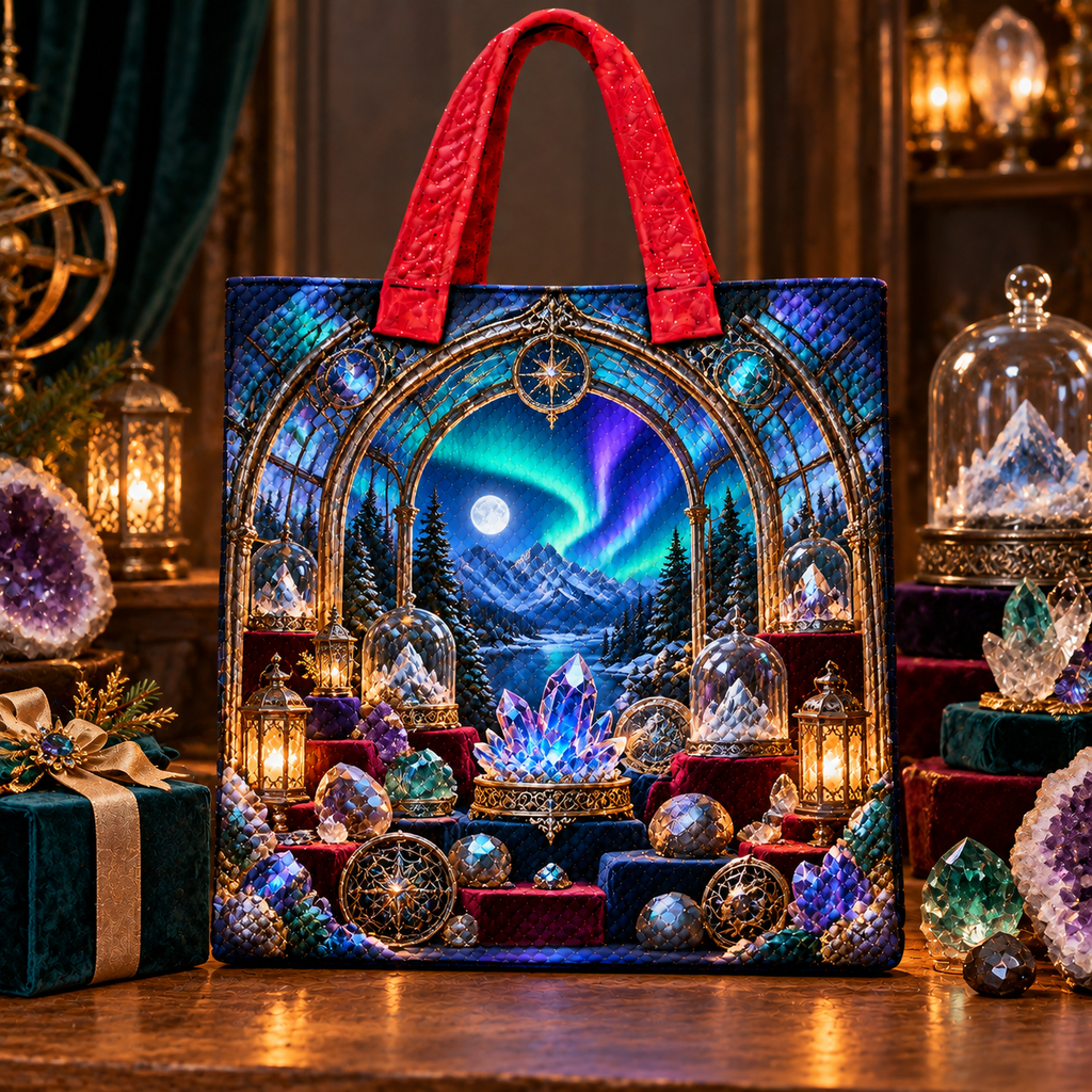 Aurora Curio Vault Quilted Tote Bag with printed optical 3D artwork in its use setting