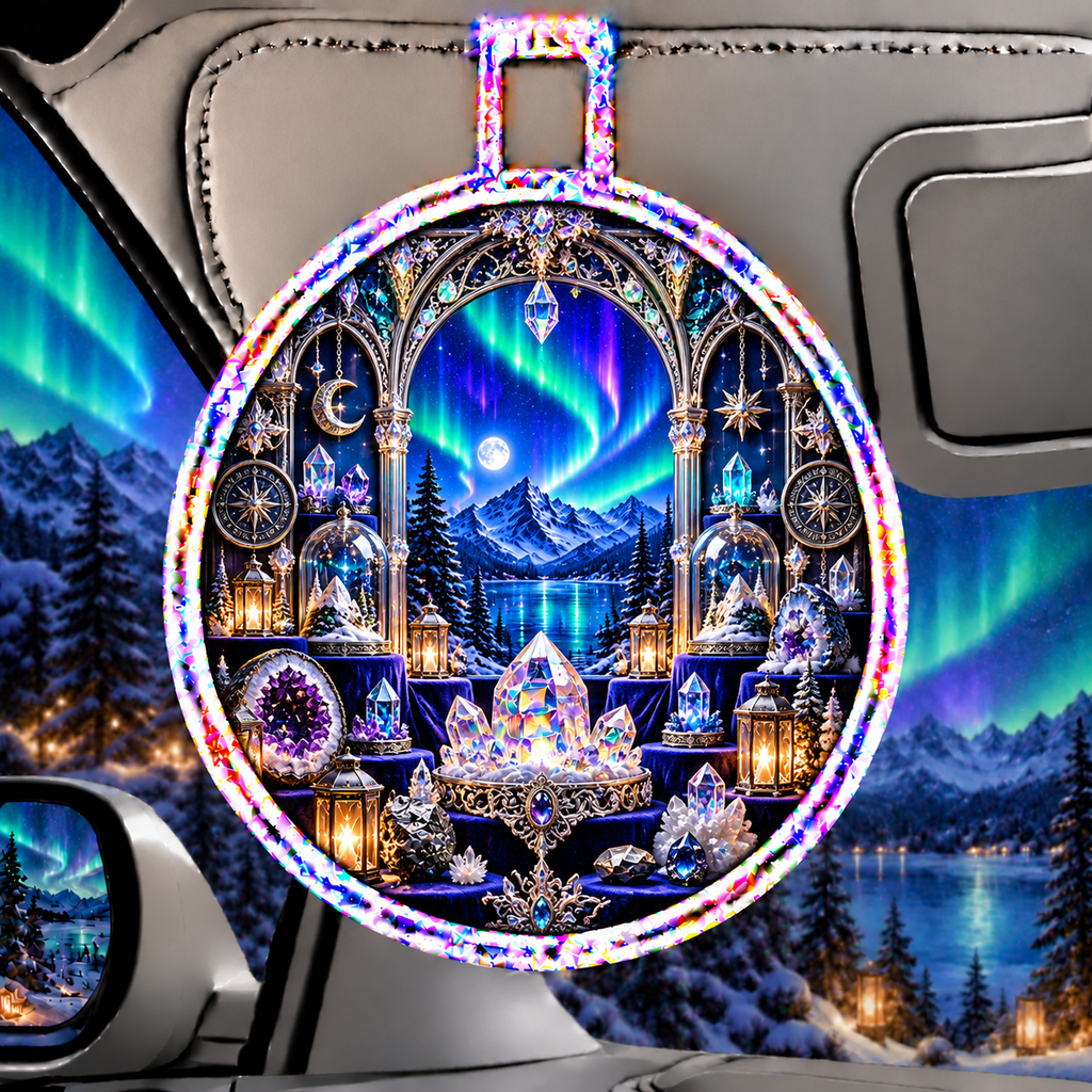 Aurora Curio Vault Holographic Car Visor Clip with printed optical 3D artwork in its use setting