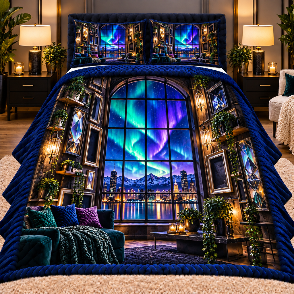 Aurora Loft Gallery Quilted Bedding Set with printed optical 3D artwork in its use setting