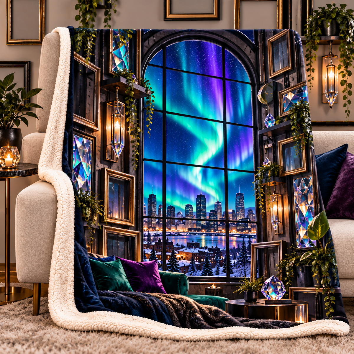 Aurora Loft Gallery Sherpa & Fleece Blanket with printed optical 3D artwork in its use setting