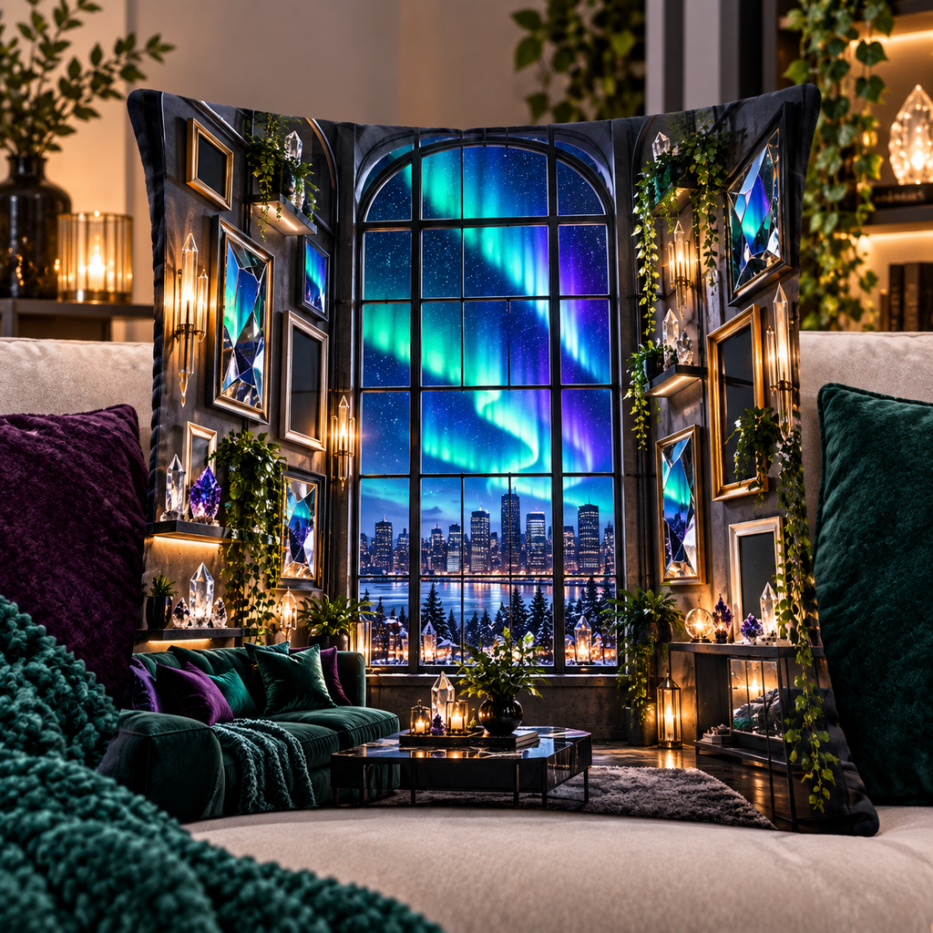 Aurora Loft Gallery Quilted Cushion Cover with printed optical 3D artwork in its use setting