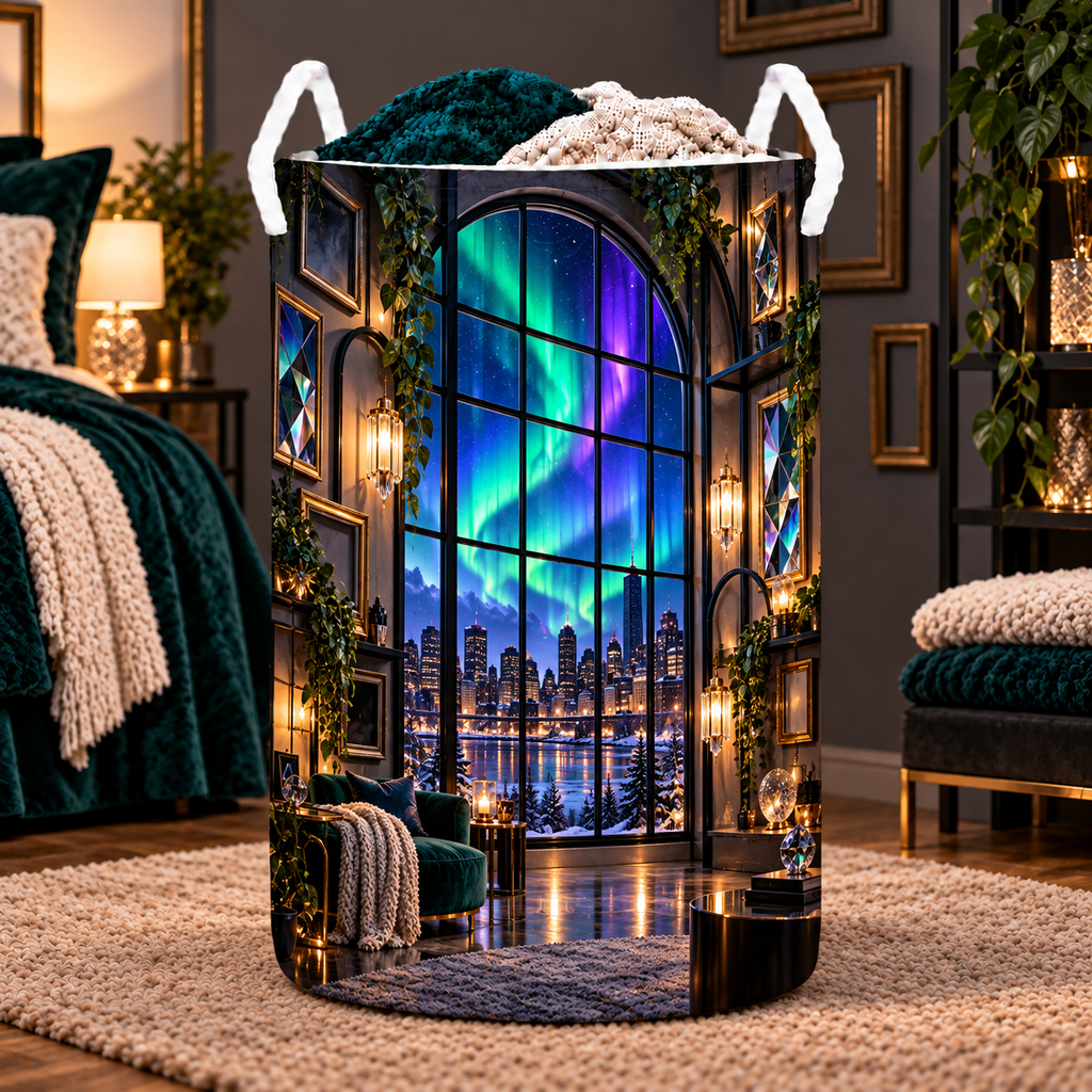 Aurora Loft Gallery Laundry Hamper with printed optical 3D artwork in its use setting