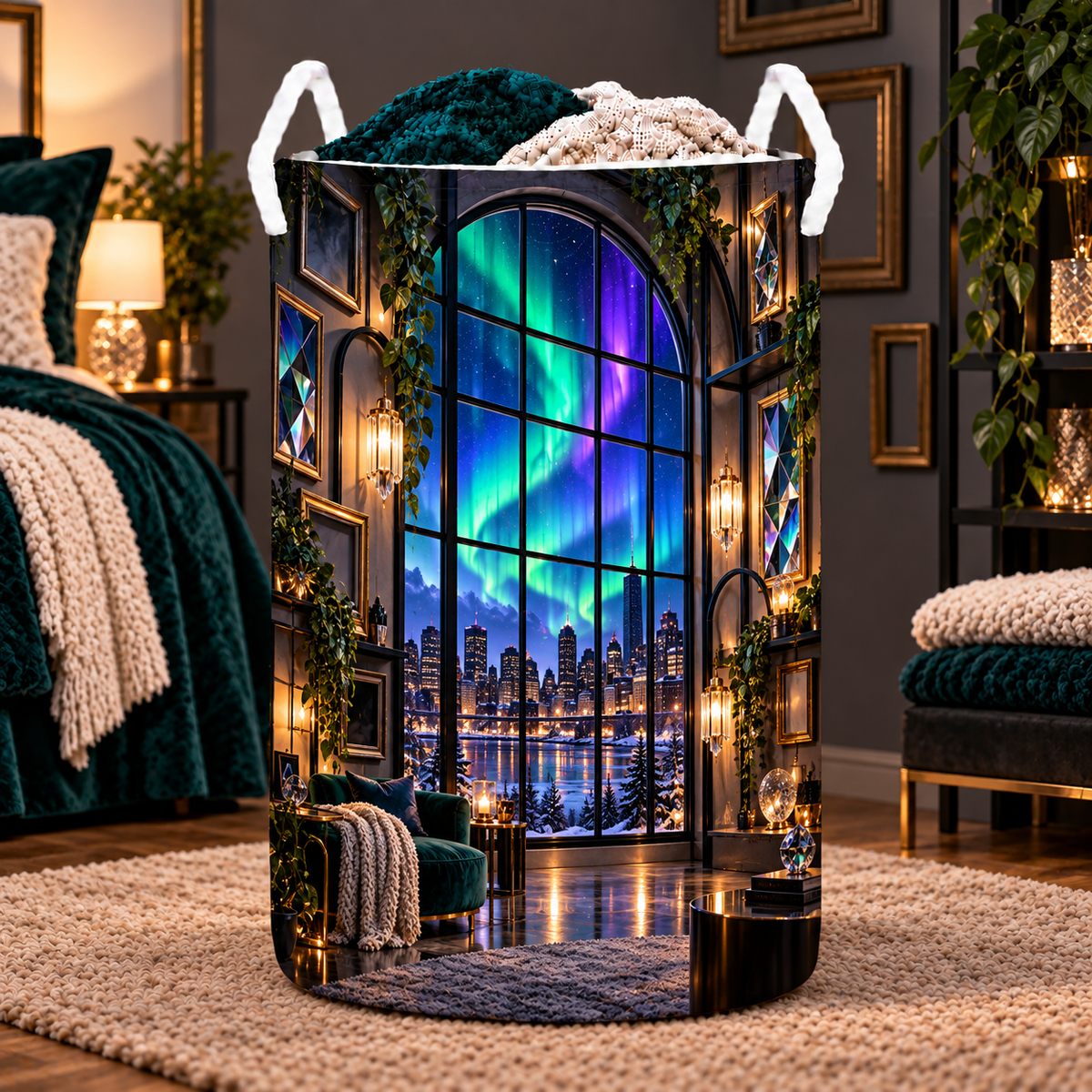 Aurora Loft Gallery Laundry Hamper with printed optical 3D artwork in its use setting