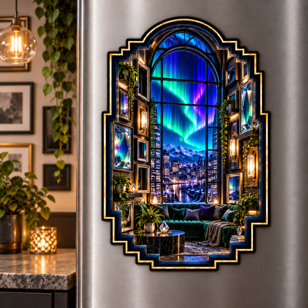 Aurora Loft Gallery Acrylic Refrigerator Magnet with printed optical 3D artwork in its use setting