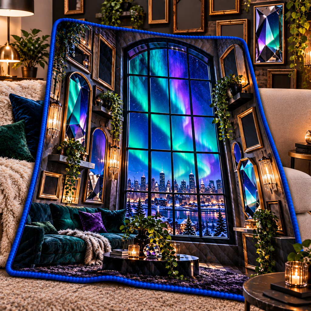 Aurora Loft Gallery Quilt Blanket with printed optical 3D artwork in its use setting