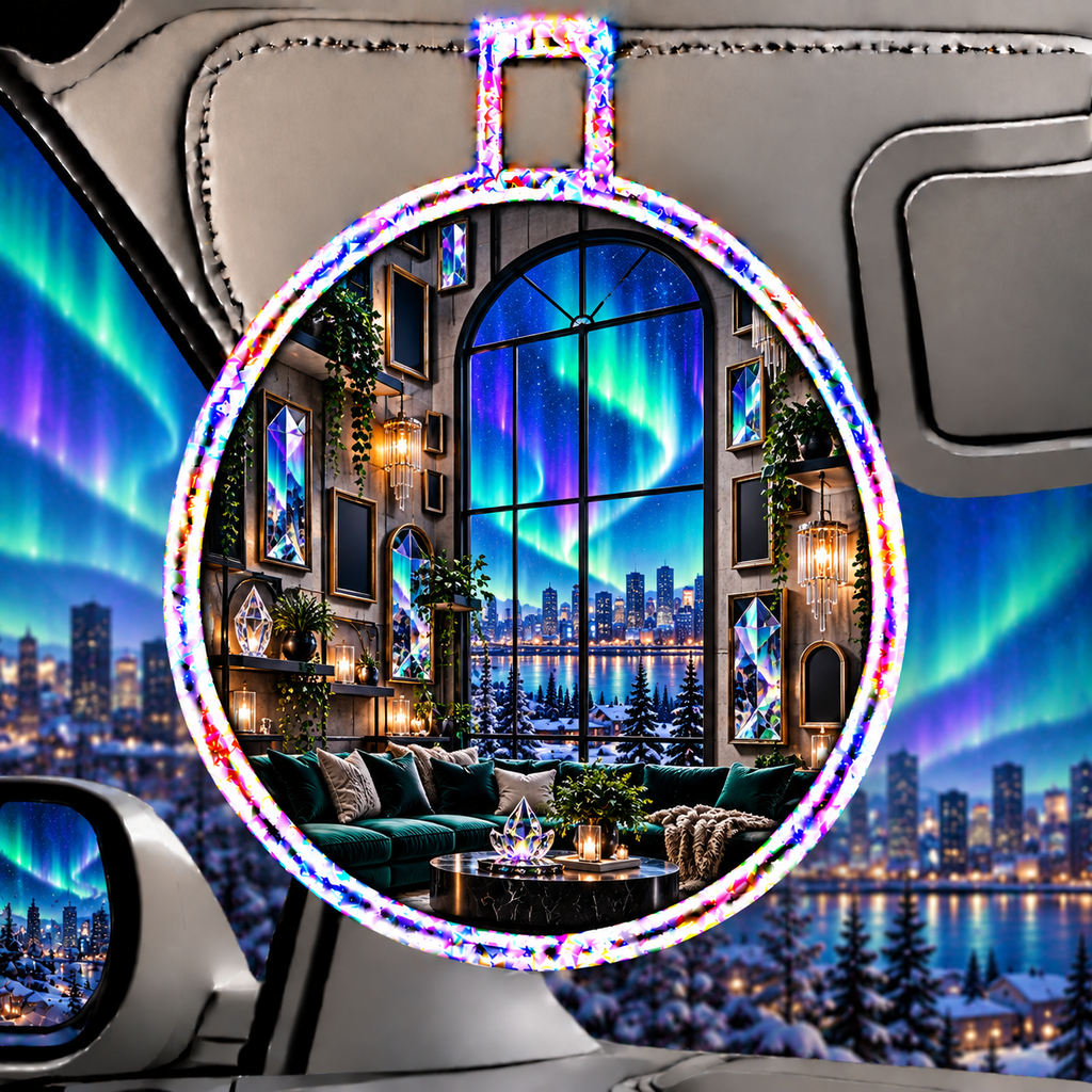 Aurora Loft Gallery Holographic Car Visor Clip with printed optical 3D artwork in its use setting