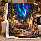 Aurora Maker Atelier Sherpa & Fleece Blanket with printed optical 3D artwork in its use setting