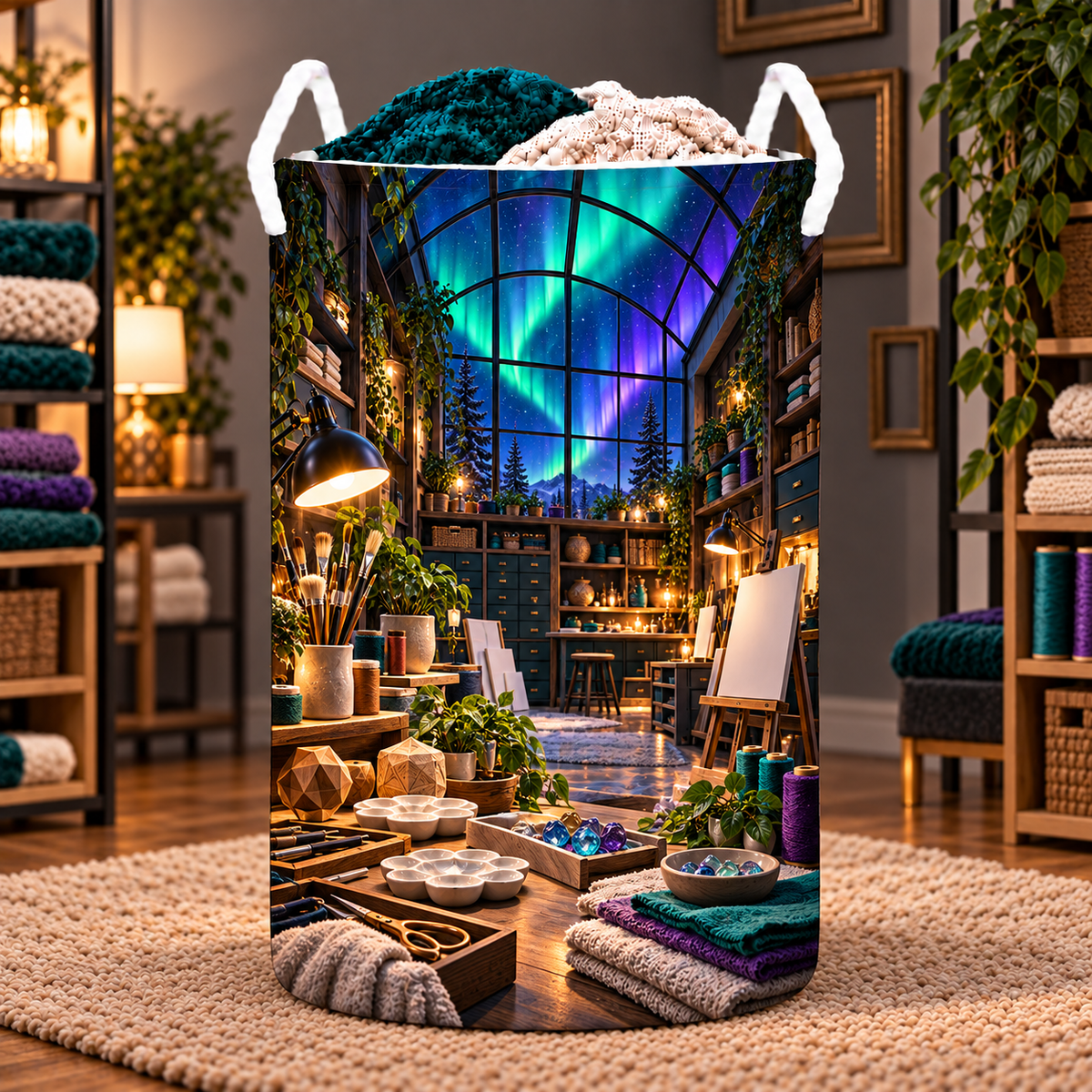 Aurora Maker Atelier Laundry Hamper with printed optical 3D artwork in its use setting