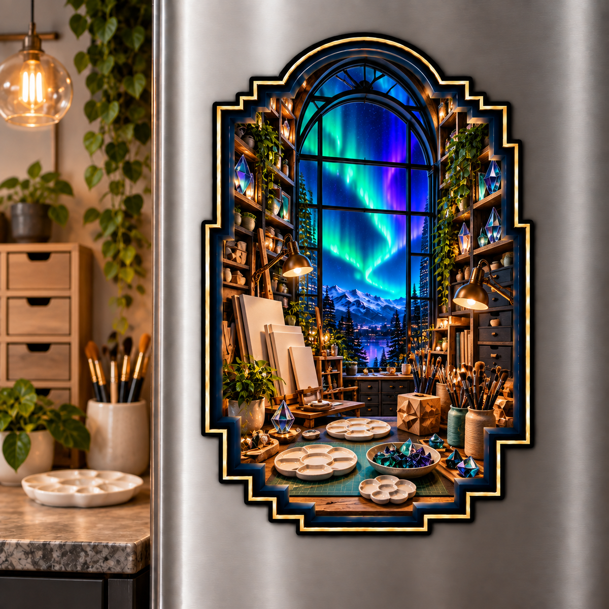 Aurora Maker Atelier Acrylic Refrigerator Magnet with printed optical 3D artwork in its use setting