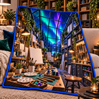 Aurora Maker Atelier Quilt Blanket with printed optical 3D artwork in its use setting