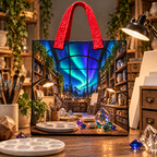 Aurora Maker Atelier Quilted Tote Bag with printed optical 3D artwork in its use setting