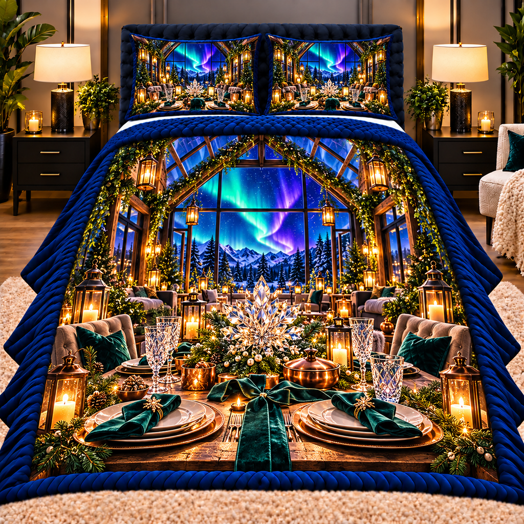Aurora Host Lanterns Quilted Bedding Set with printed optical 3D artwork in its use setting