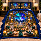 Aurora Host Lanterns Quilted Bedding Set with printed optical 3D artwork in its use setting