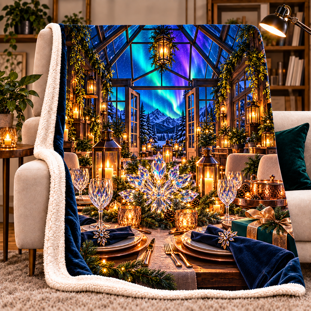 Aurora Host Lanterns Sherpa & Fleece Blanket with printed optical 3D artwork in its use setting