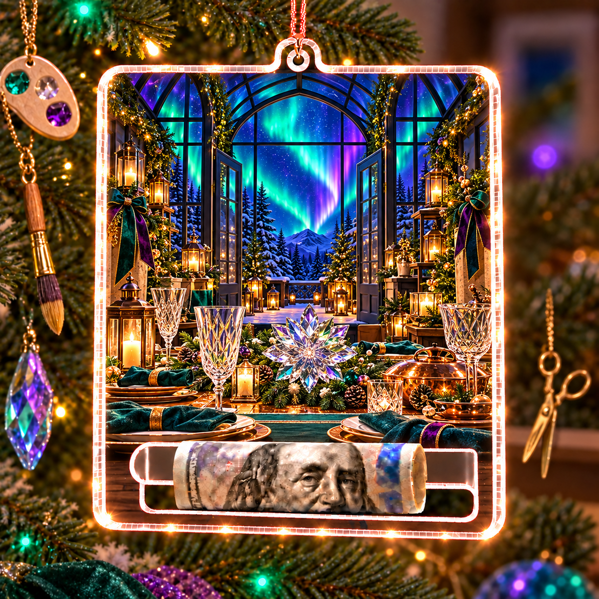 Aurora Host Lanterns Acrylic Cash Holder Ornament with printed optical 3D artwork in its use setting