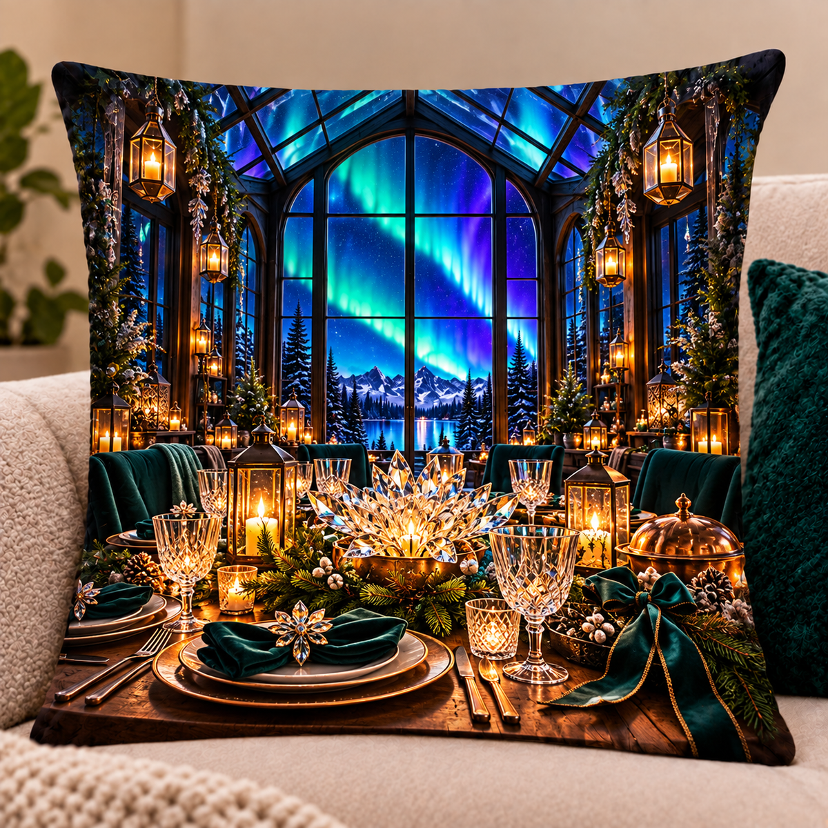 Aurora Host Lanterns Quilted Cushion Cover with printed optical 3D artwork in its use setting
