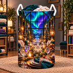 Aurora Host Lanterns Laundry Hamper with printed optical 3D artwork in its use setting