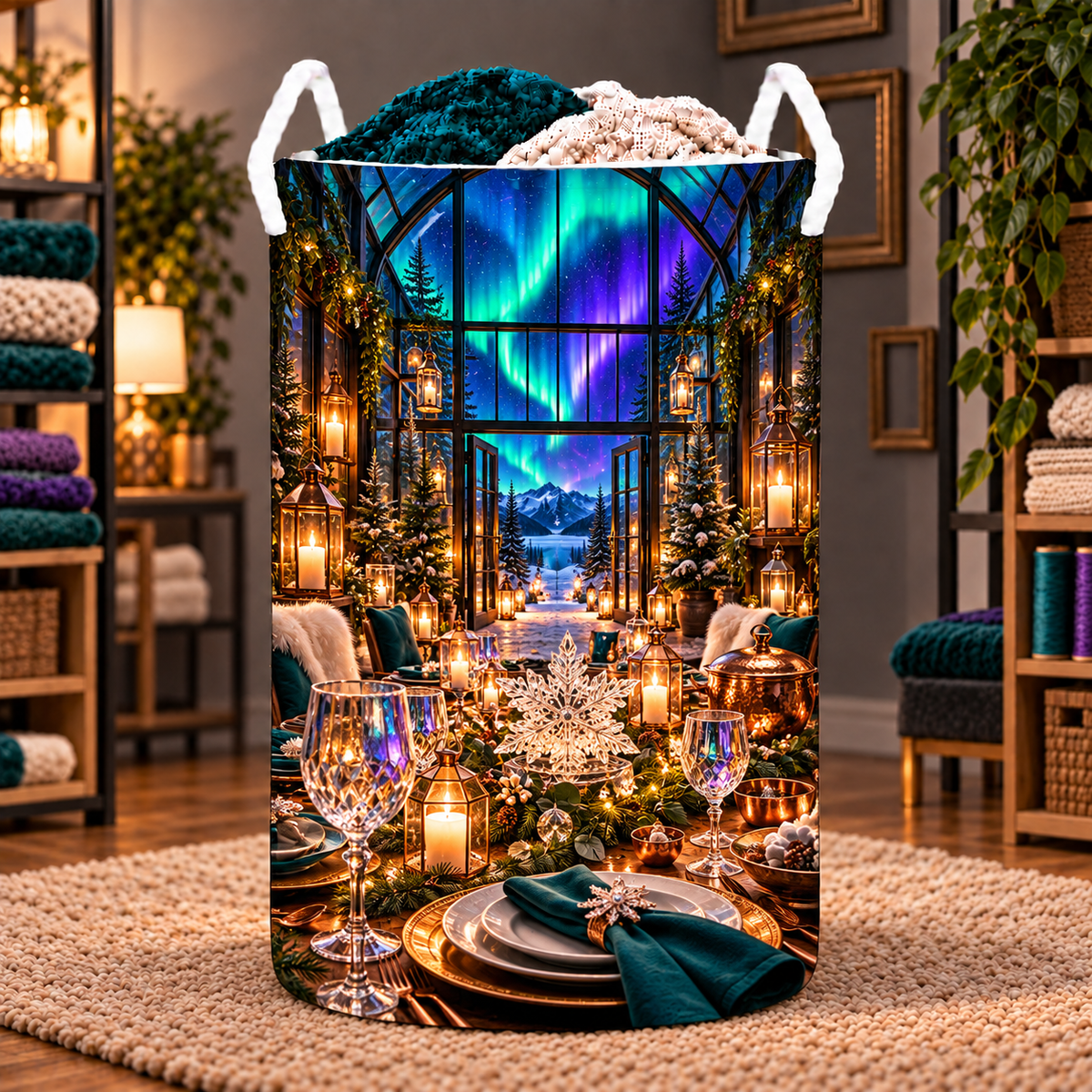 Aurora Host Lanterns Laundry Hamper with printed optical 3D artwork in its use setting