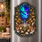 Aurora Host Lanterns Acrylic Refrigerator Magnet with printed optical 3D artwork in its use setting
