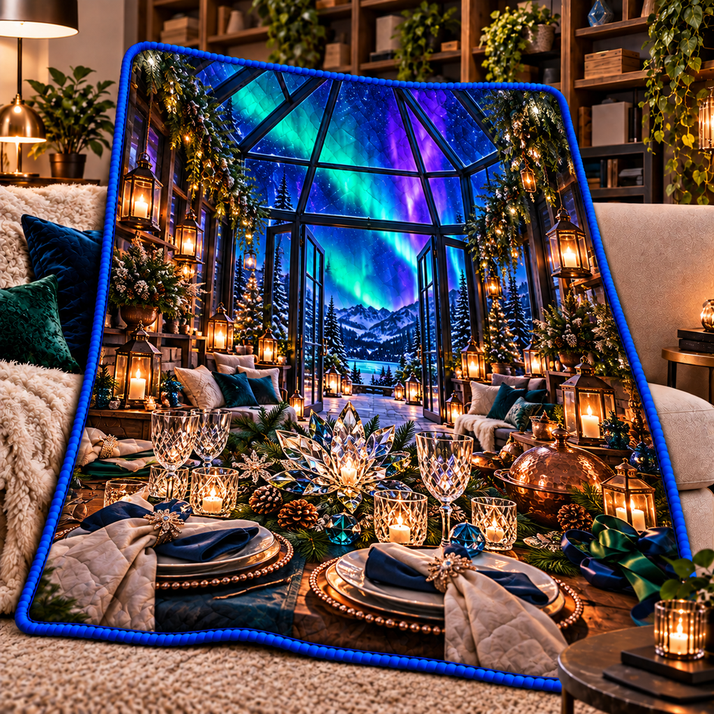 Aurora Host Lanterns Quilt Blanket with printed optical 3D artwork in its use setting