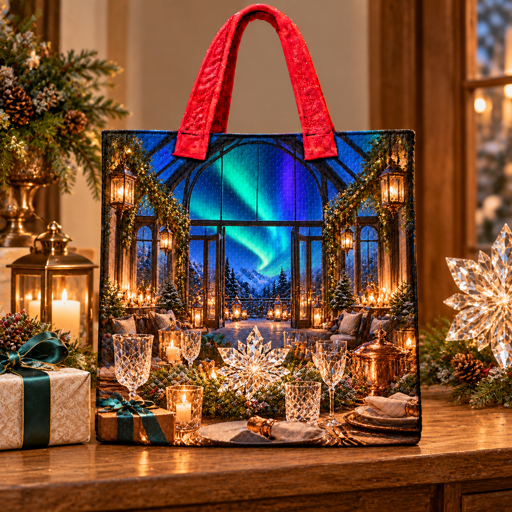 Aurora Host Lanterns Quilted Tote Bag with printed optical 3D artwork in its use setting