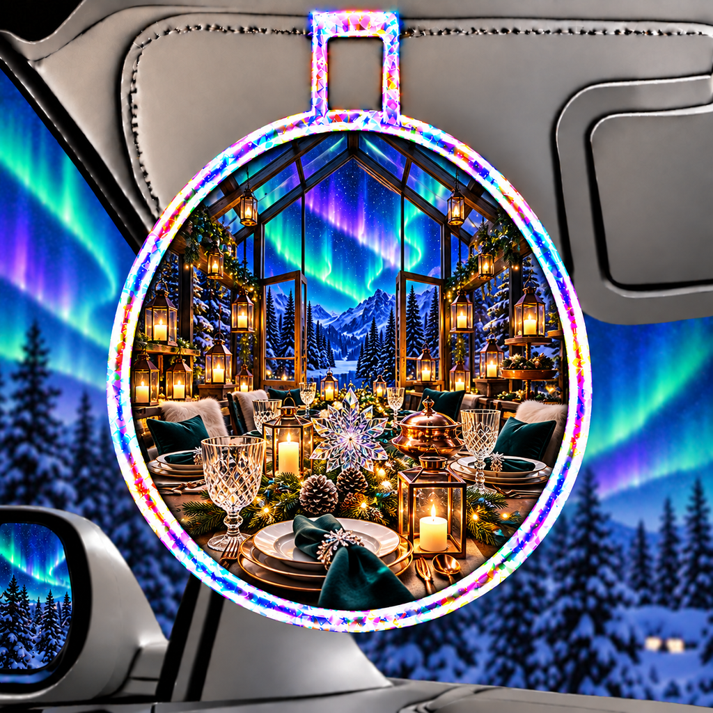 Aurora Host Lanterns Holographic Car Visor Clip with printed optical 3D artwork in its use setting