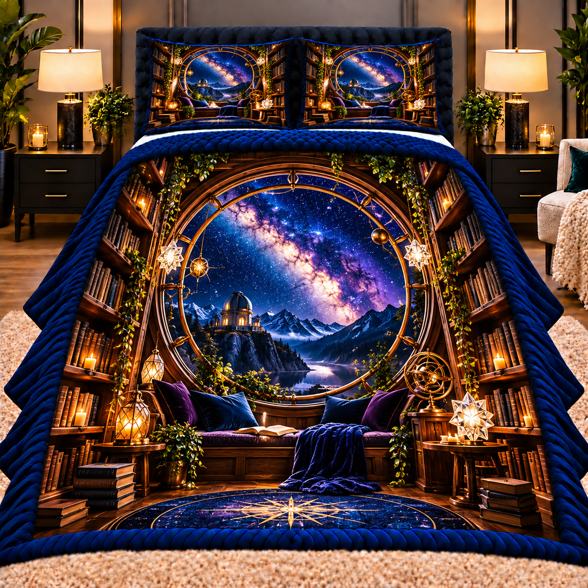 Milky Way Library Arch Quilted Bedding Set with printed optical 3D artwork in its use setting