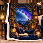 Milky Way Library Arch Sherpa & Fleece Blanket with printed optical 3D artwork in its use setting