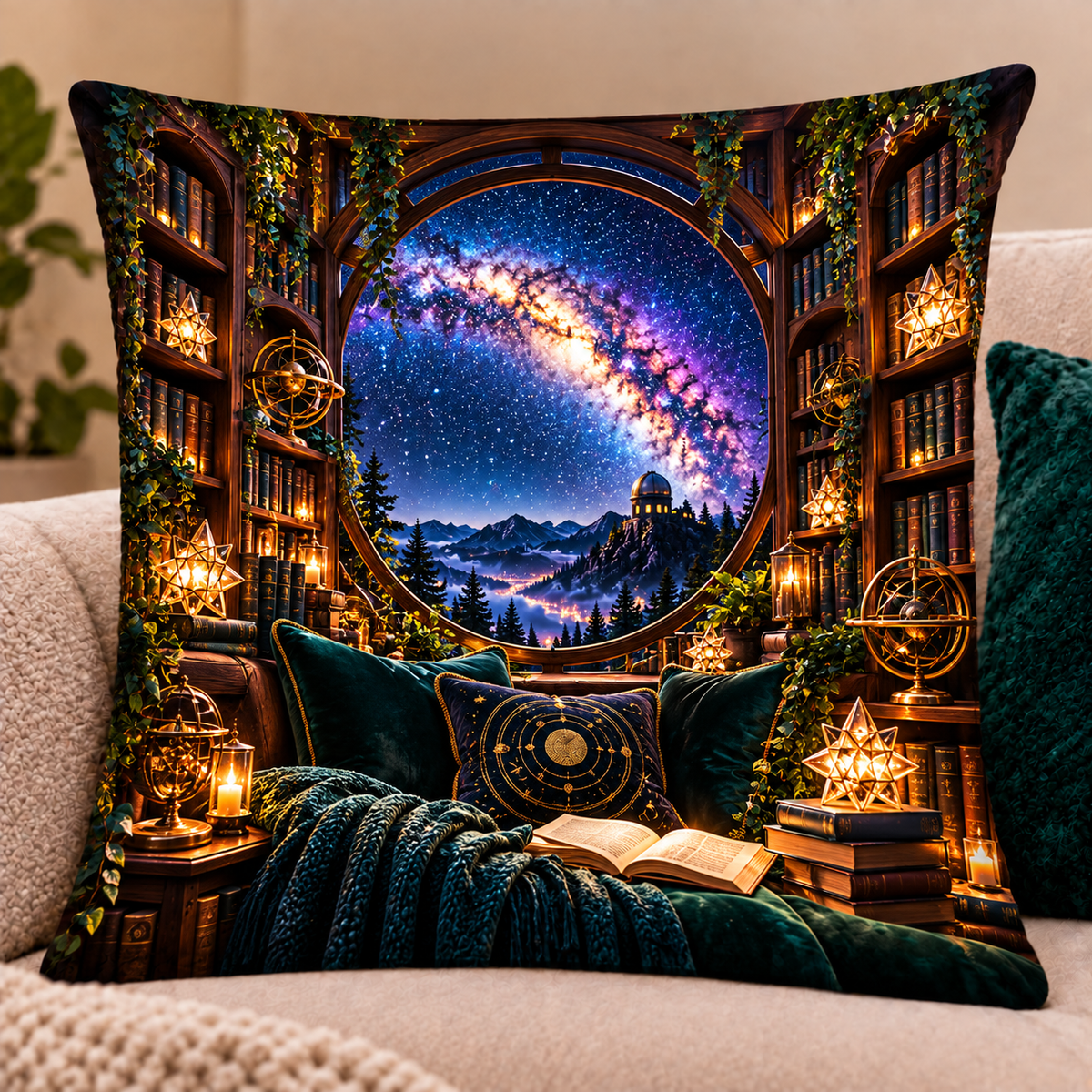 Milky Way Library Arch Quilted Cushion Cover with printed optical 3D artwork in its use setting
