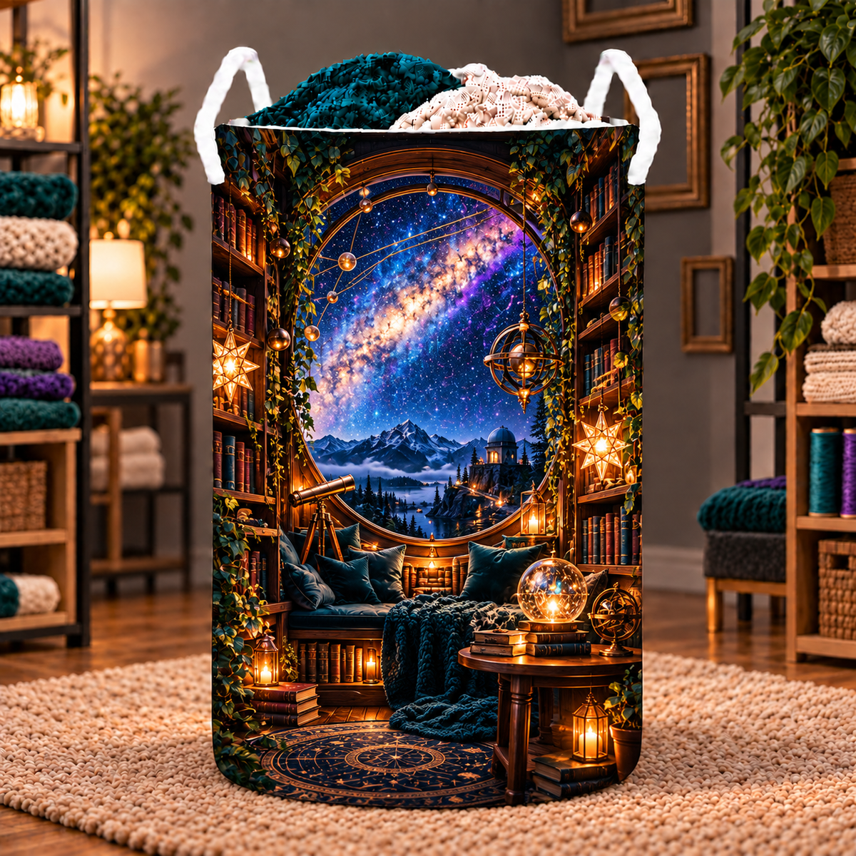 Milky Way Library Arch Laundry Hamper with printed optical 3D artwork in its use setting