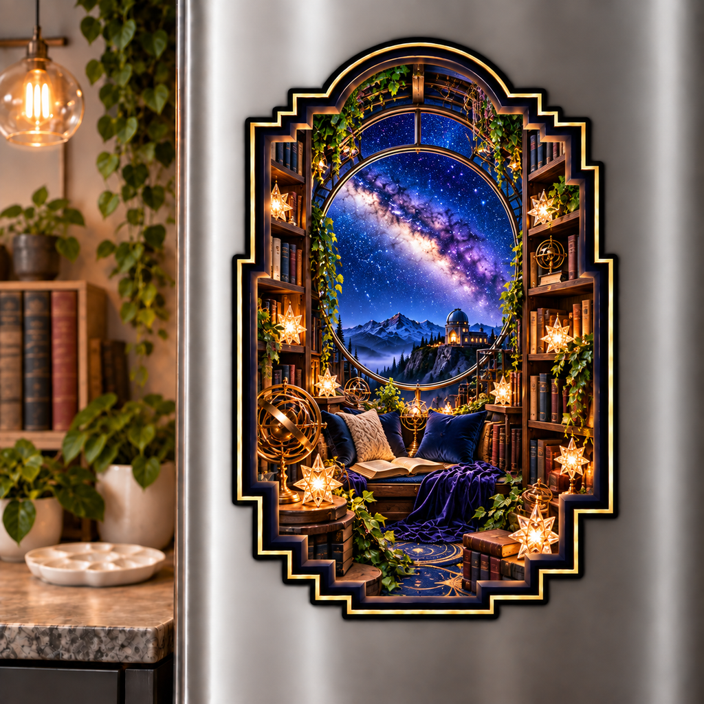 Milky Way Library Arch Acrylic Refrigerator Magnet with printed optical 3D artwork in its use setting