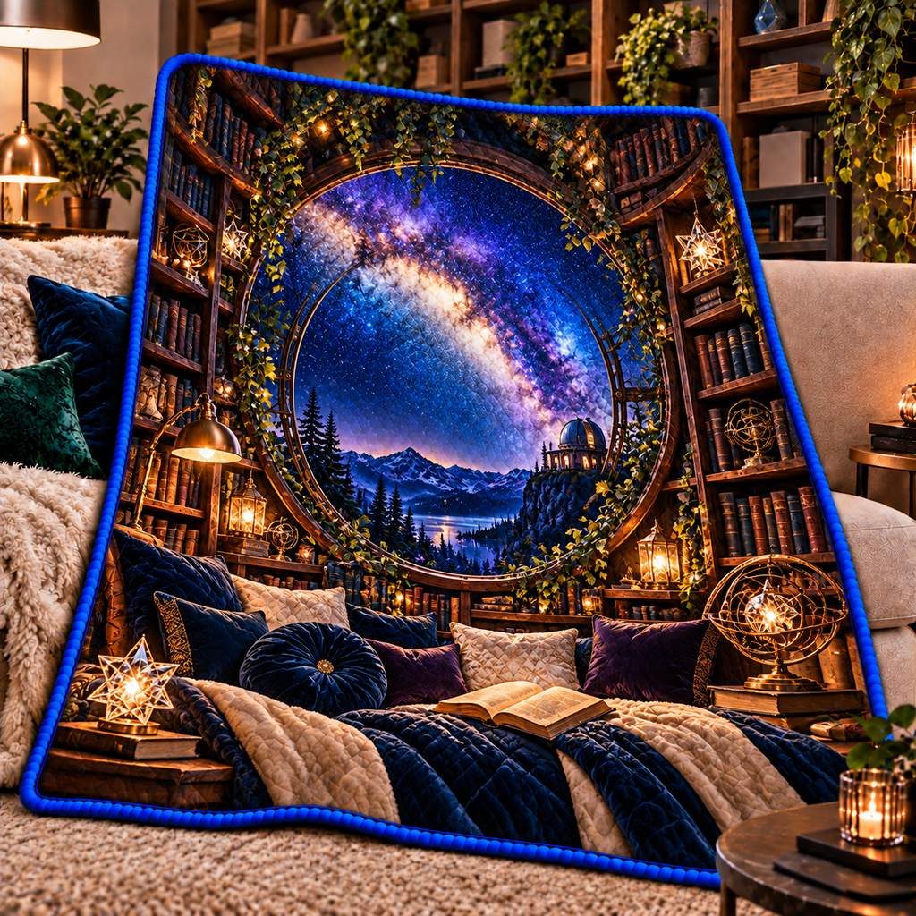 Milky Way Library Arch Quilt Blanket with printed optical 3D artwork in its use setting