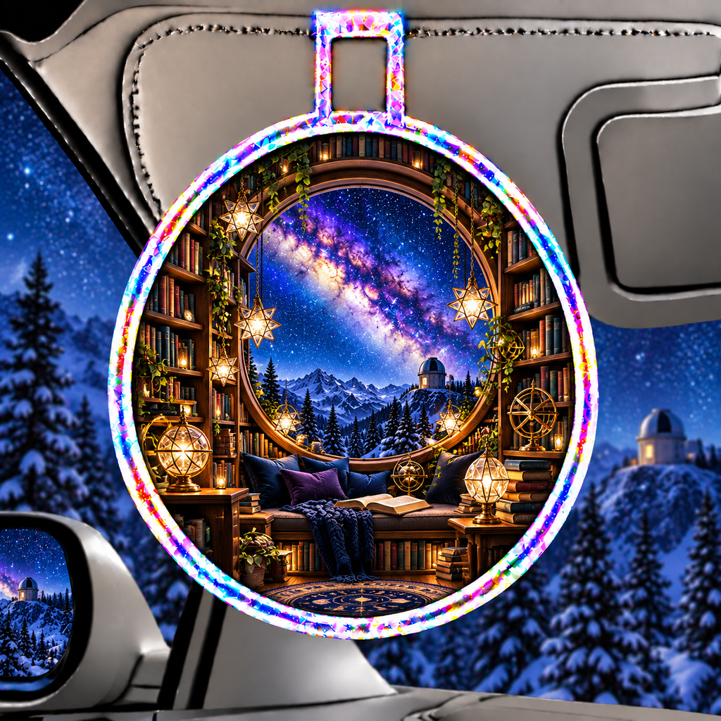 Milky Way Library Arch Holographic Car Visor Clip with printed optical 3D artwork in its use setting