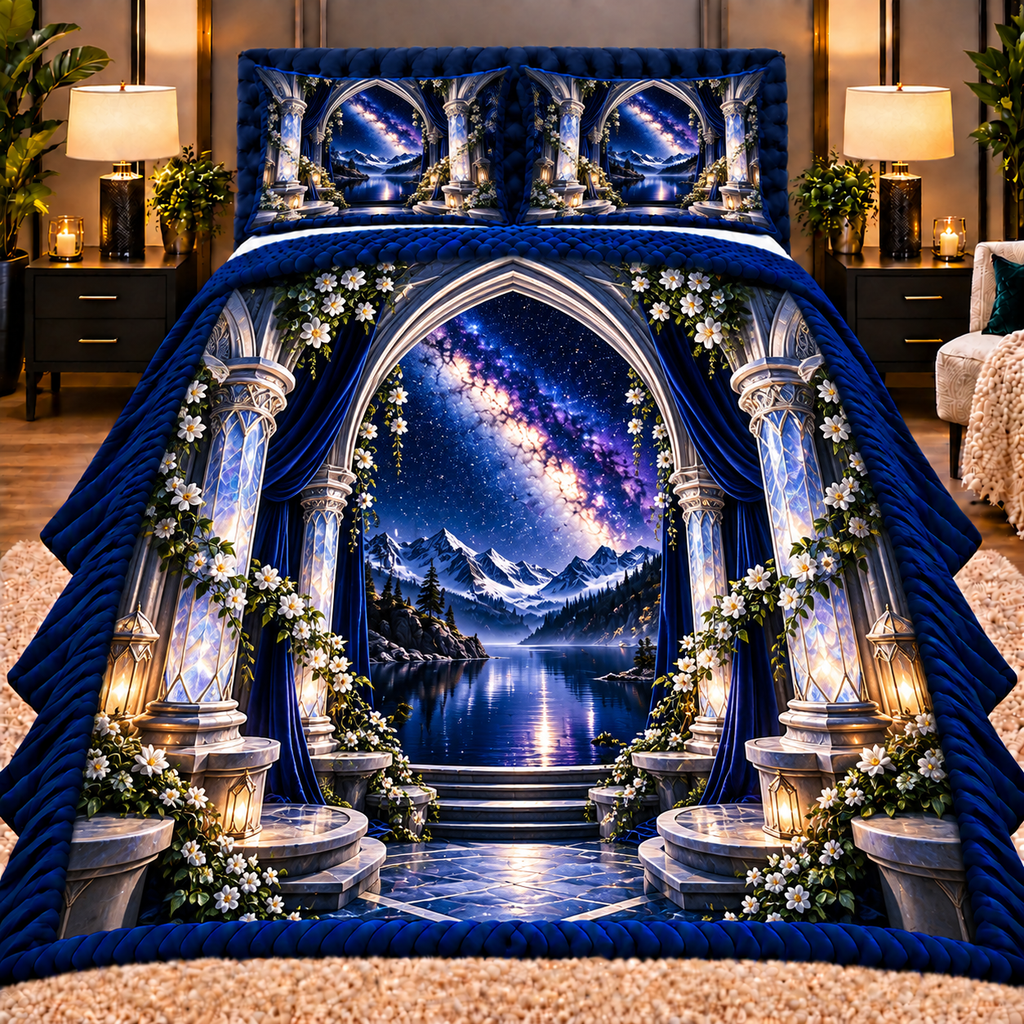 Milky Way Moonstone Arch Quilted Bedding Set with printed optical 3D artwork in its use setting