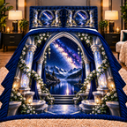 Milky Way Moonstone Arch Quilted Bedding Set with printed optical 3D artwork in its use setting