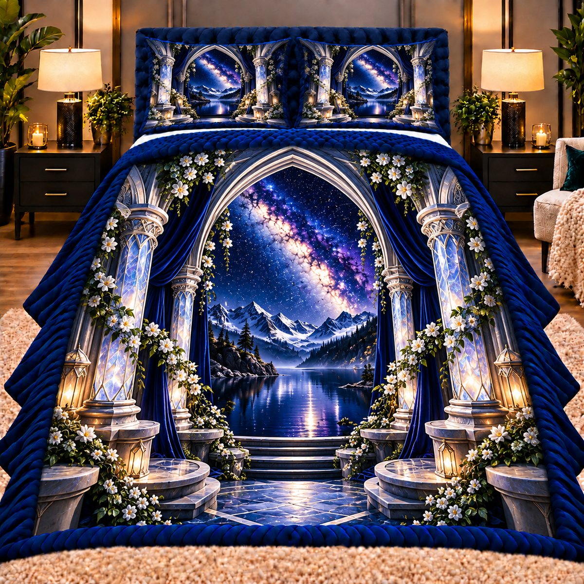 Milky Way Moonstone Arch Quilted Bedding Set with printed optical 3D artwork in its use setting