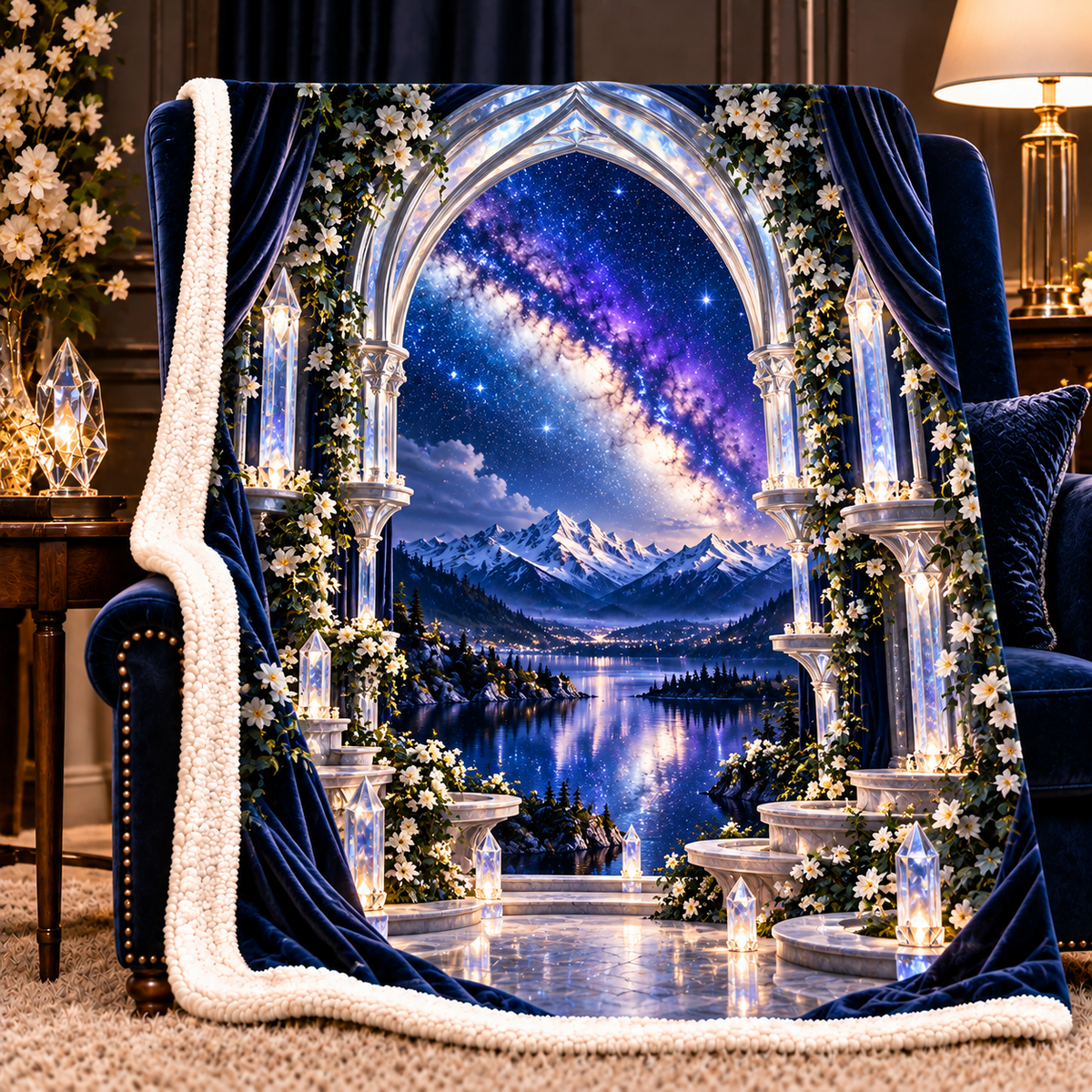 Milky Way Moonstone Arch Sherpa & Fleece Blanket with printed optical 3D artwork in its use setting