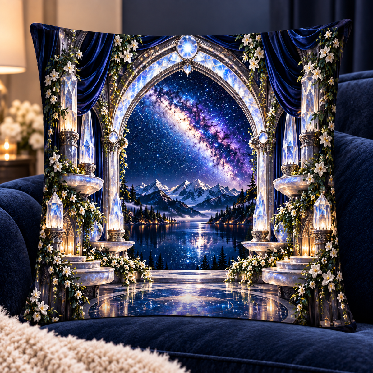 Milky Way Moonstone Arch Quilted Cushion Cover with printed optical 3D artwork in its use setting